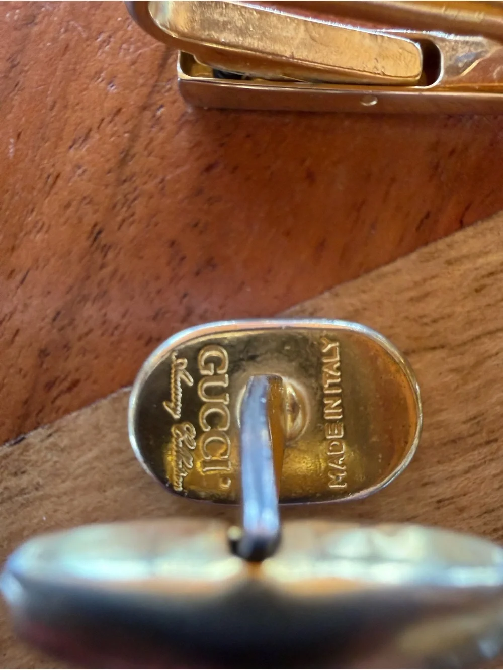 Vintage Gucci Gold and Black Interlocking Double G Oval Cufflinks w tie pin